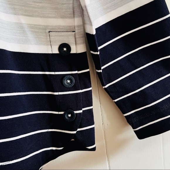 T by Talbots Yellow Black Gray & White Striped Top with Button Side Hem PL NWOT - Picture 2 of 9